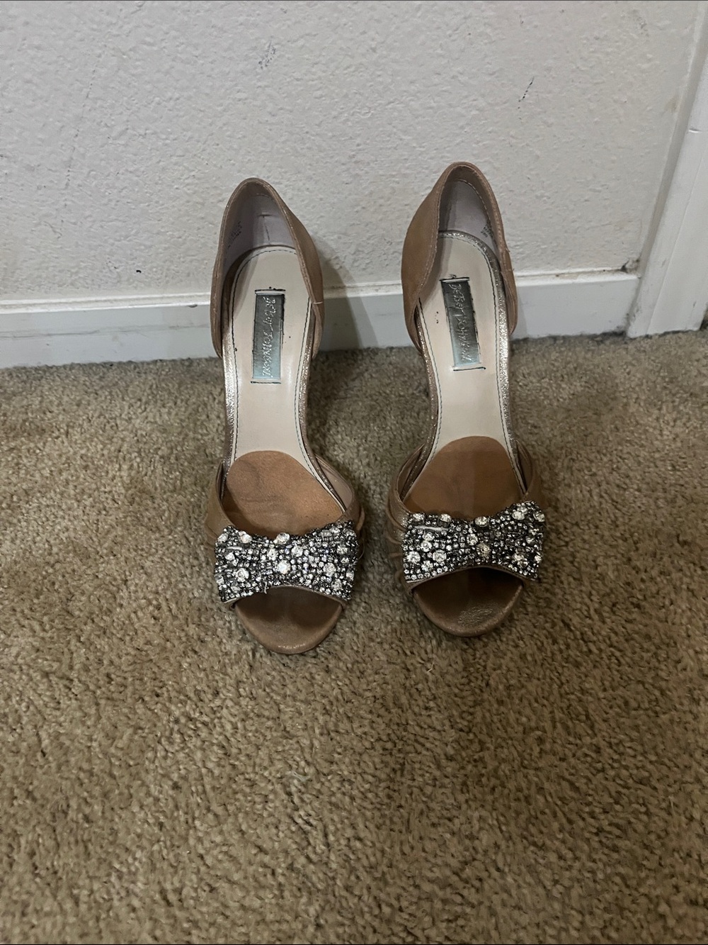 Betsey Johnson Nude Open-Toe Heels with Crystal Bow